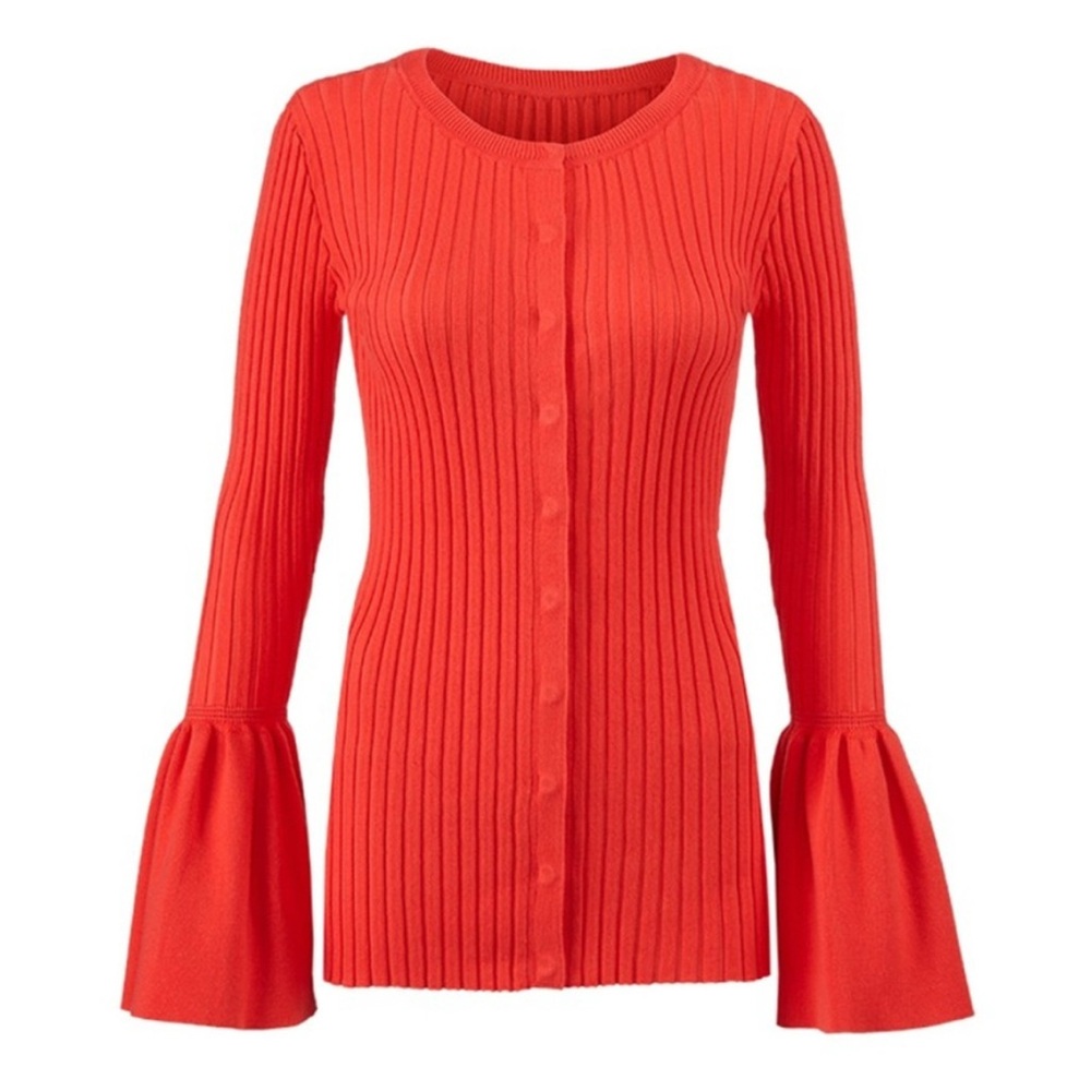 Cabi Hibiscus Trumpet Sleeve Ribbed Cardigan Sweater in Red Orange 5285 Small